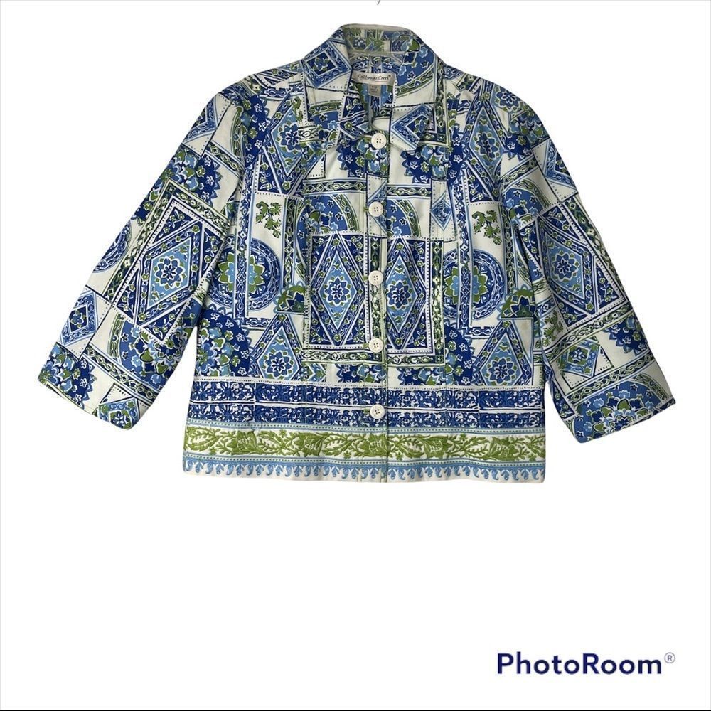 coldwater creek 10p abstract boho print blue turquoise embroidered lightweight.